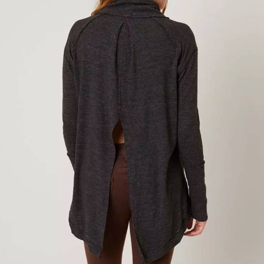 Free People We The Free Charcoal Mock Neck Split Back Tunic SIZE LARGE